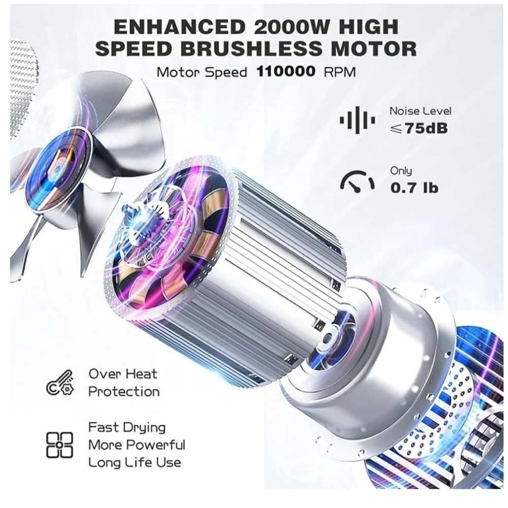 Silver Compact Low Noise 2000W Travel Hair Dryer with attachments #HB4